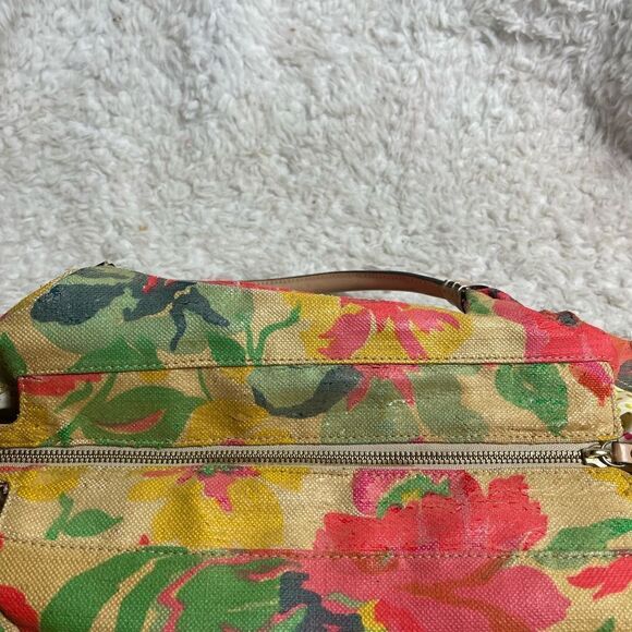 Kate Spade Burlap painted floral prints shoulder bag tan leather straps &trims - Picture 13 of 16